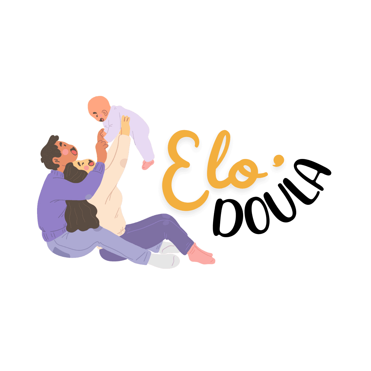 Illustration d’un parent assis soulevant son bébé dans ses bras, avec le logo Elo Doula